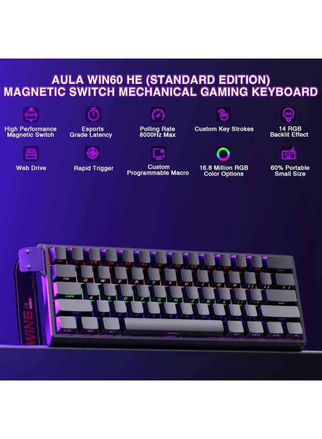 Aula WIN60 HE - 60% Mechanical Gaming Keyboard Wired, Magnetic Switch Hot Swappable, Adjustable Actuation Rapid Trigger Mode, 8000 Hz Polling Rate, RGB Small Keyboard 60 Percent Compact Design for PC - Image 2